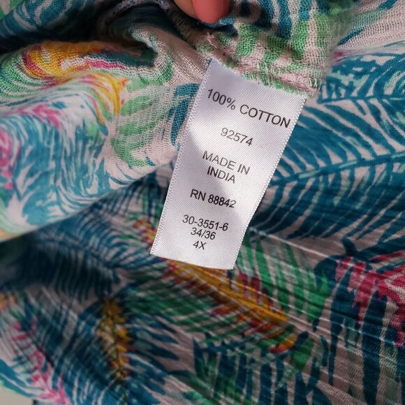 Woman Within Gauzy Pintuck Tropical Button Up Tunic Blue Sz 4X Roll Tab Vacation - Picture 10 of 11